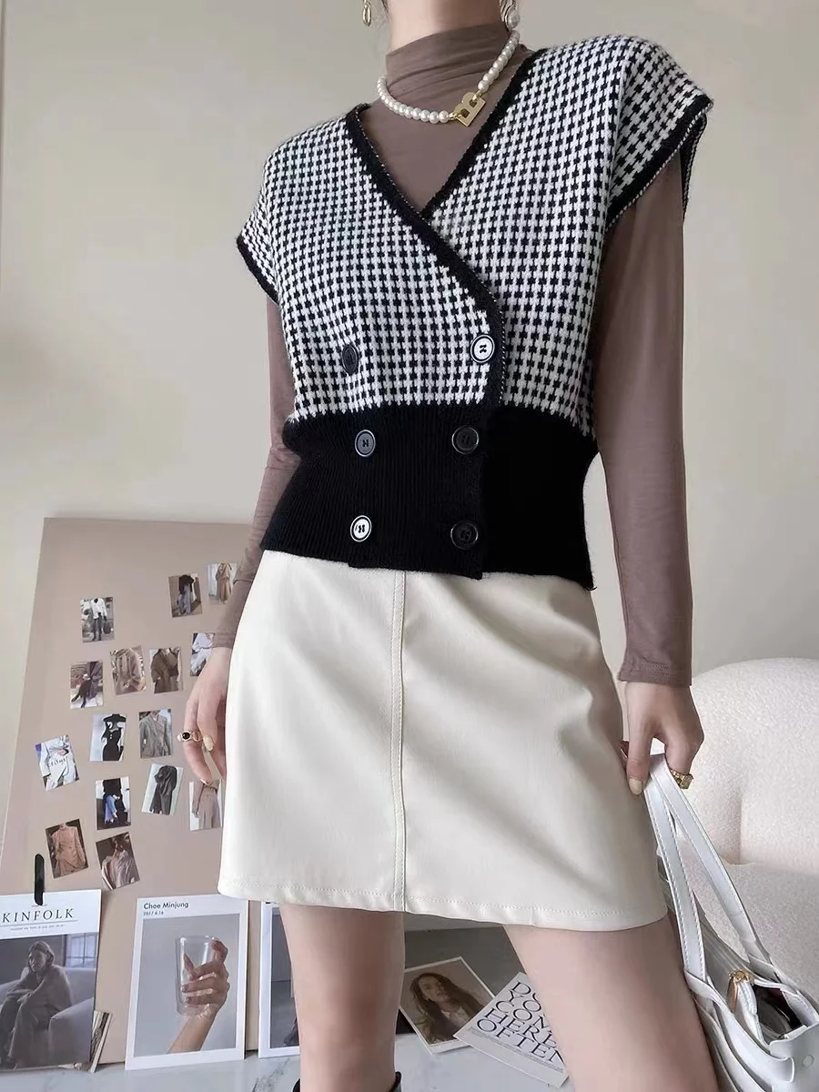 International air fold wear plaid knit wool vest for women autumn winter new style of 100 match vest loose small outside