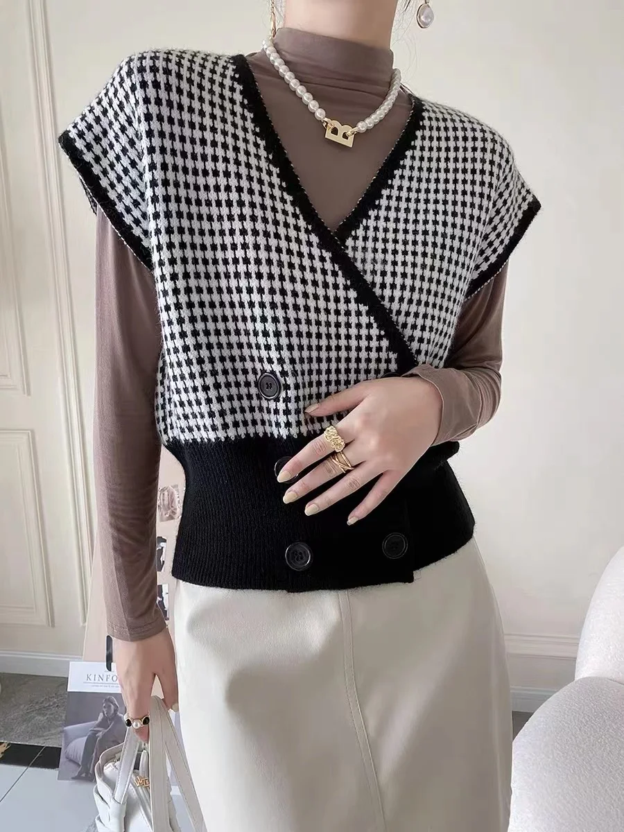 International air fold wear plaid knit wool vest for women autumn winter new style of 100 match vest loose small outside