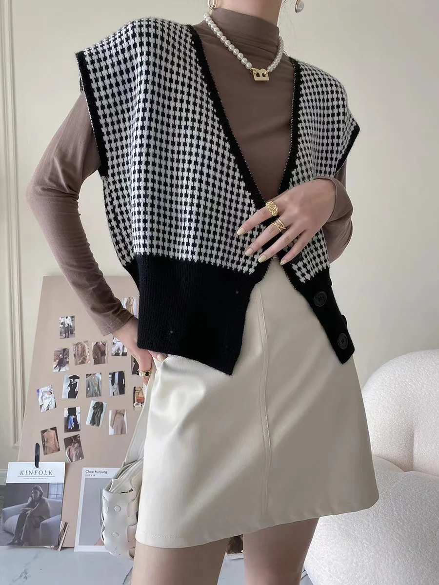 International air fold wear plaid knit wool vest for women autumn winter new style of 100 match vest loose small outside