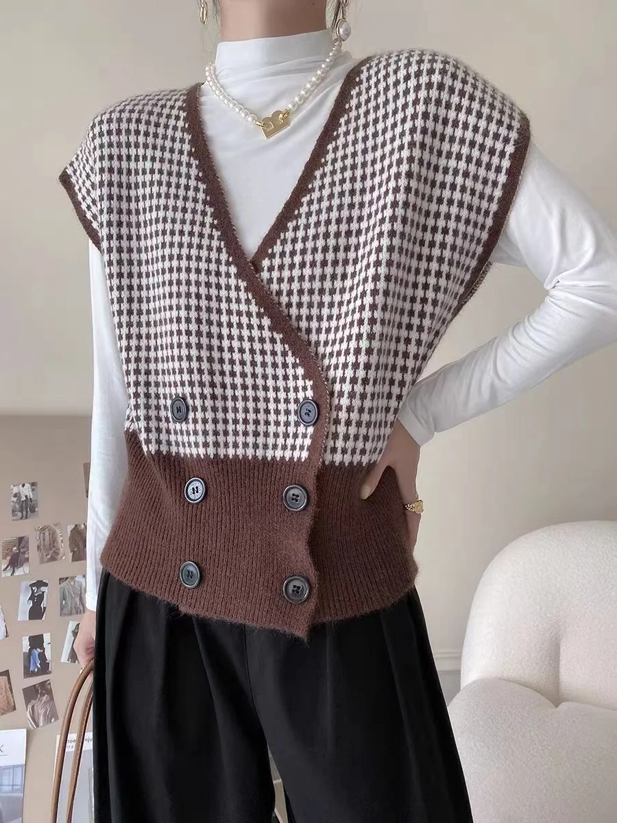 International air fold wear plaid knit wool vest for women autumn winter new style of 100 match vest loose small outside