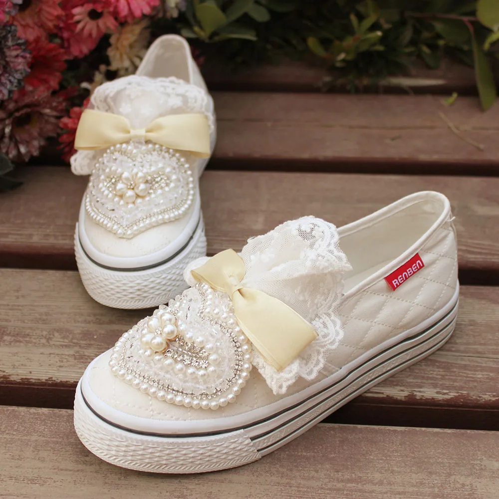 Handmade Crystal lace Princess Shoe Size 40 Autumn Flats Women Shoes Slip-on Lazy Canvas Shoes Loafers Zapatos Mujer