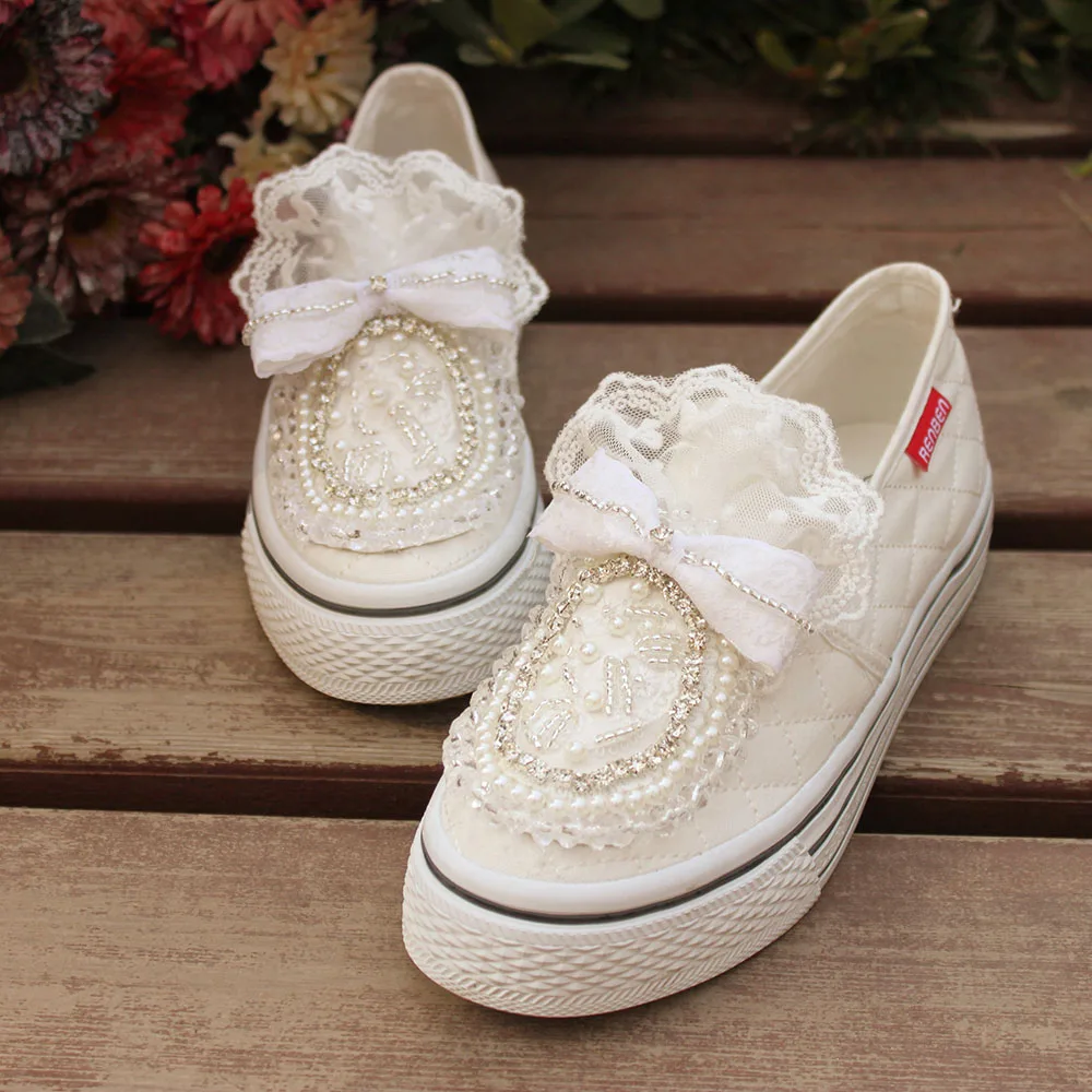 Handmade Crystal lace Princess Shoe Size 40 Autumn Flats Women Shoes Slip-on Lazy Canvas Shoes Loafers Zapatos Mujer