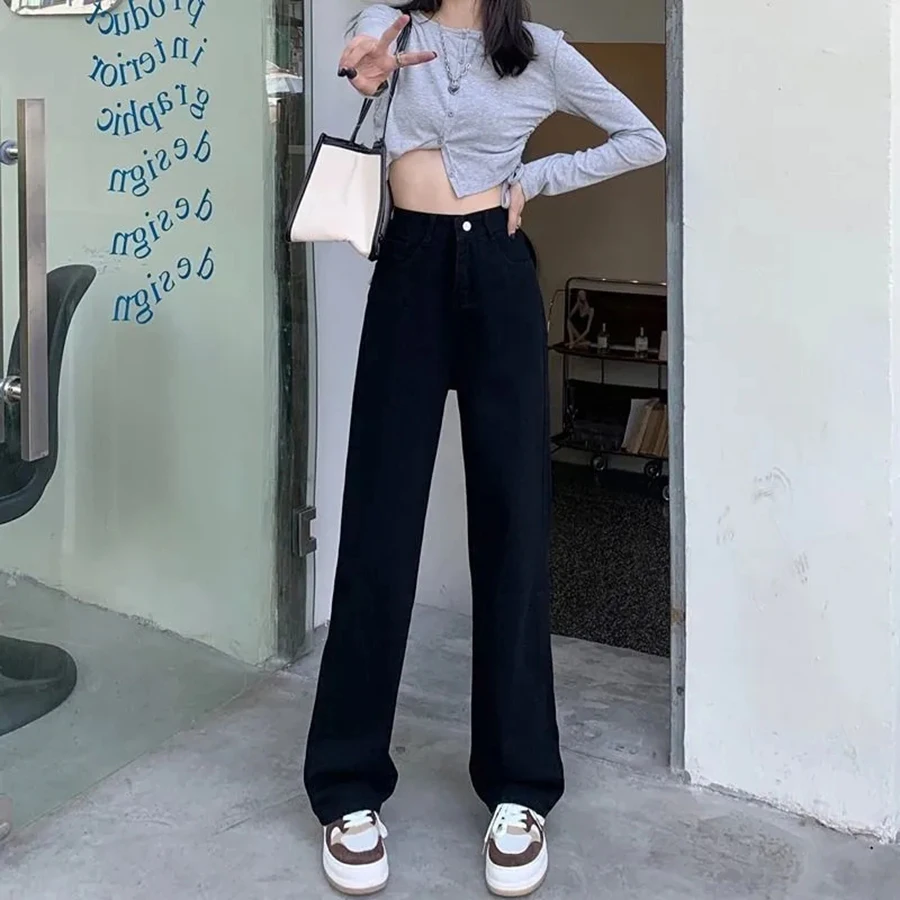 Women's Straight High Waist Jeans Korean Fashion Streetwear Baggy Wide-leg Casual White Denim Pants New Wash Vintage Vaqueros