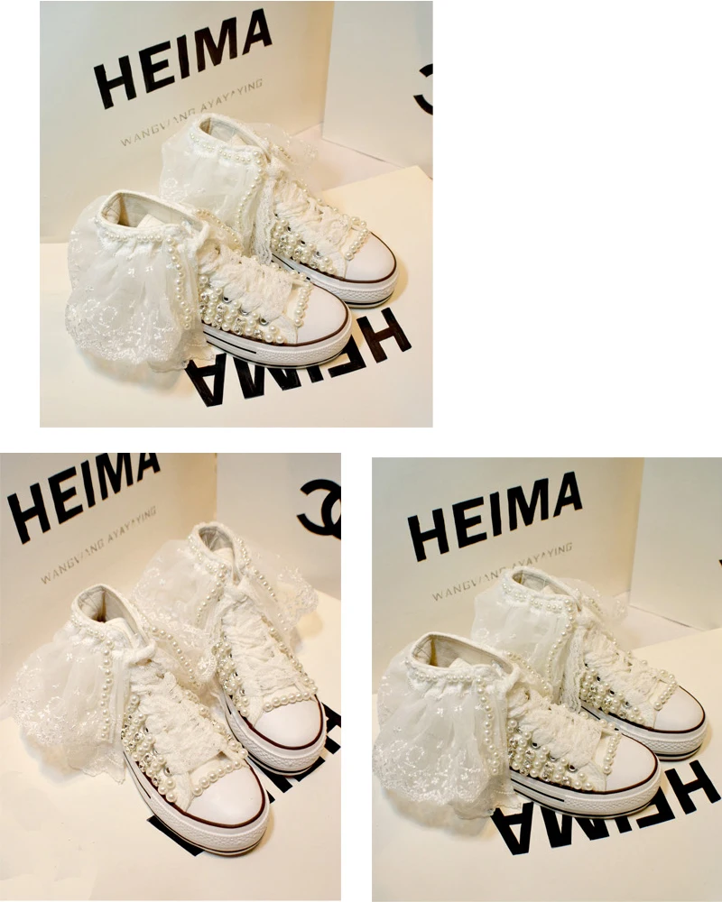Lace Handmade Vulcanized Shoes Women High Heel Canvas Shoes New Arrival Lady White Pearl Diamond Wedding Shoes Bride