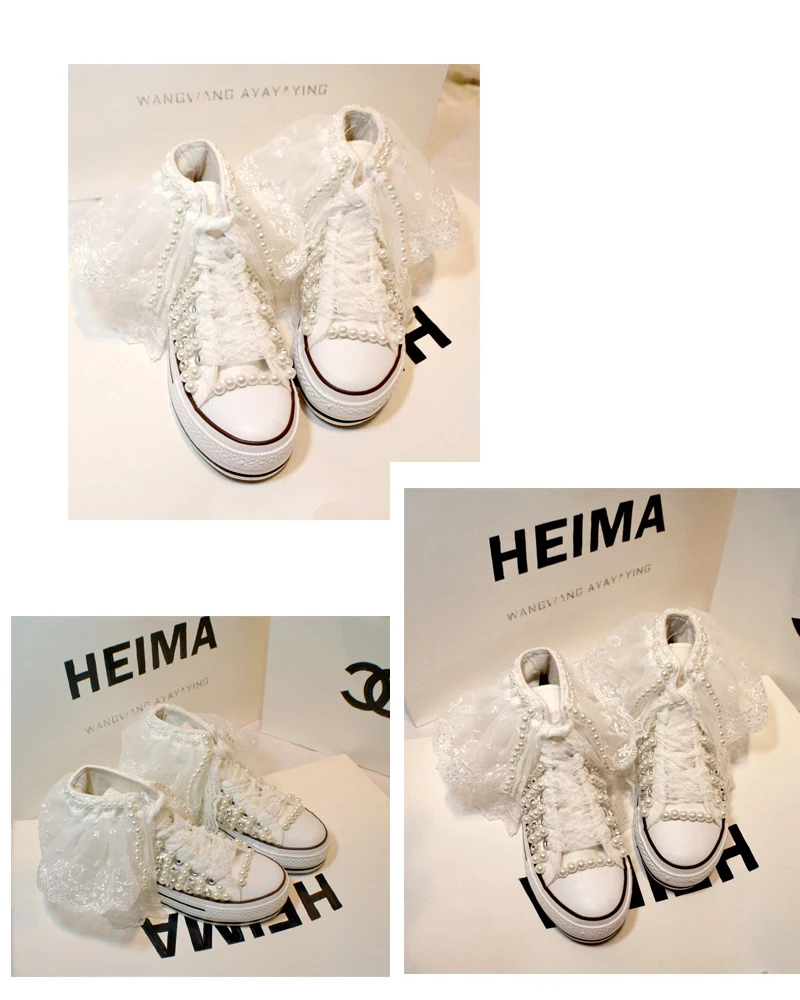 Lace Handmade Vulcanized Shoes Women High Heel Canvas Shoes New Arrival Lady White Pearl Diamond Wedding Shoes Bride