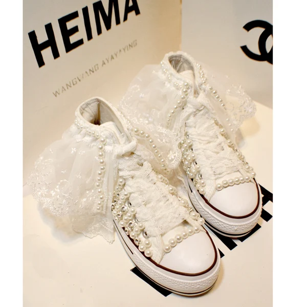 Lace Handmade Vulcanized Shoes Women High Heel Canvas Shoes New Arrival Lady White Pearl Diamond Wedding Shoes Bride