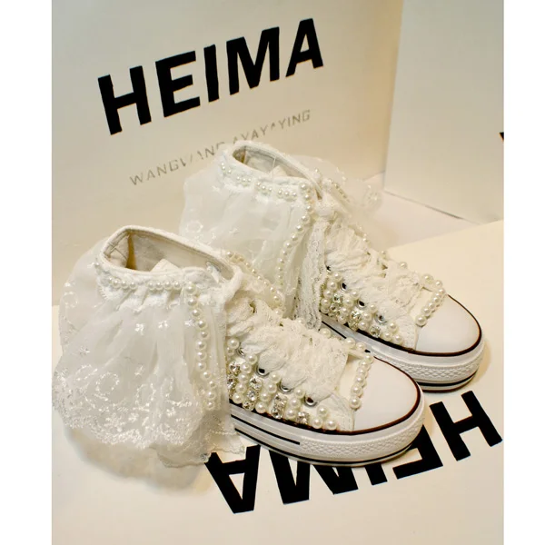 Lace Handmade Vulcanized Shoes Women High Heel Canvas Shoes New Arrival Lady White Pearl Diamond Wedding Shoes Bride
