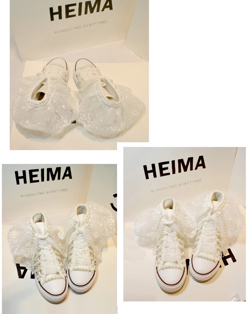 Lace Handmade Vulcanized Shoes Women High Heel Canvas Shoes New Arrival Lady White Pearl Diamond Wedding Shoes Bride