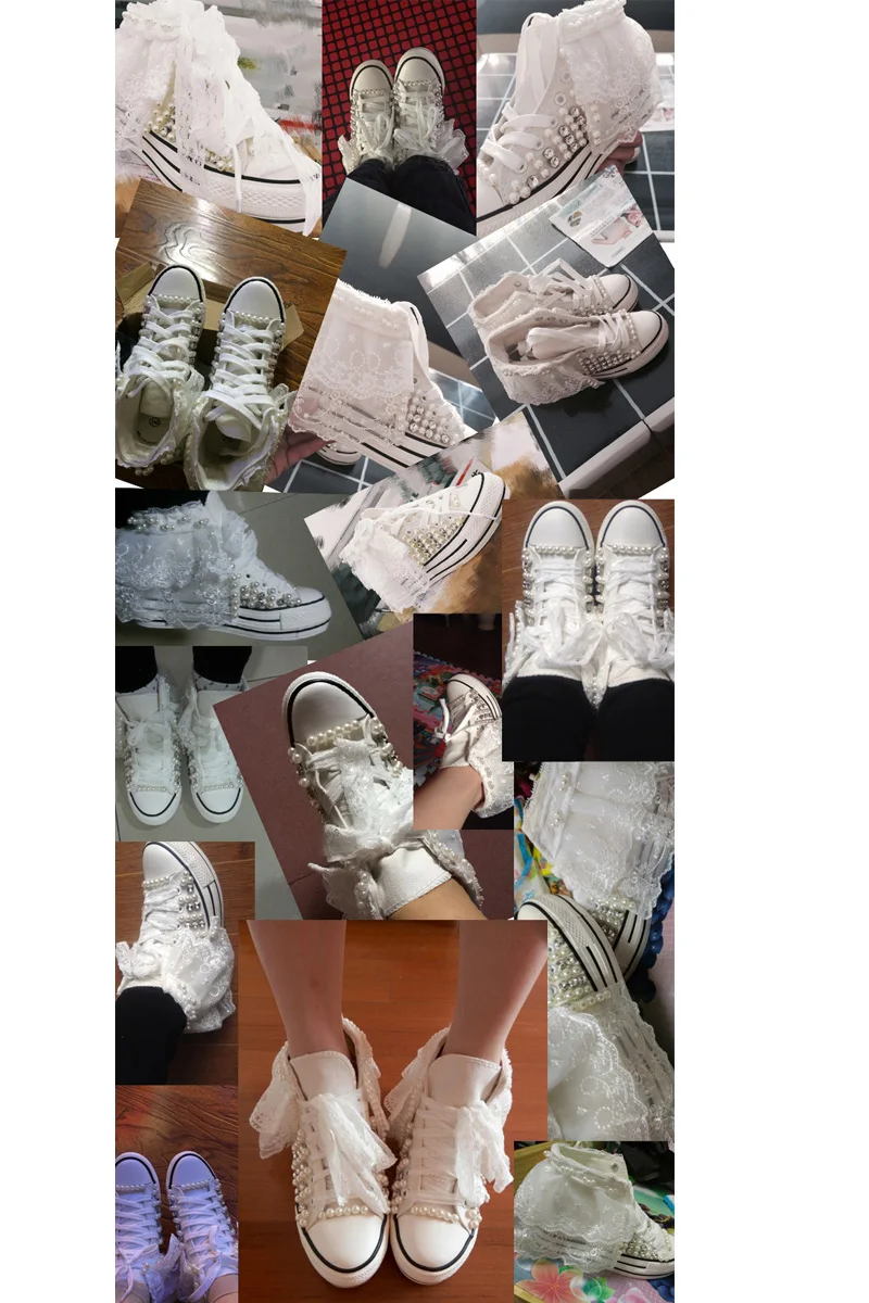 Lace Handmade Vulcanized Shoes Women High Heel Canvas Shoes New Arrival Lady White Pearl Diamond Wedding Shoes Bride