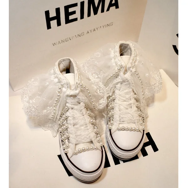 Lace Handmade Vulcanized Shoes Women High Heel Canvas Shoes New Arrival Lady White Pearl Diamond Wedding Shoes Bride