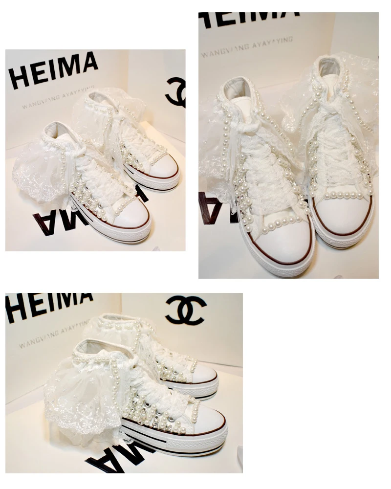 Lace Handmade Vulcanized Shoes Women High Heel Canvas Shoes New Arrival Lady White Pearl Diamond Wedding Shoes Bride