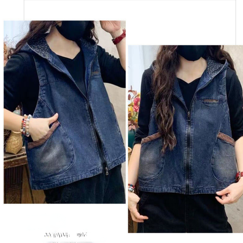 Vintage Women's Hooded Denim Tank Top Denim Waistcoat Short Jacket Loose Plus Size Large Pocket Color-block Wash Cropped Vest
