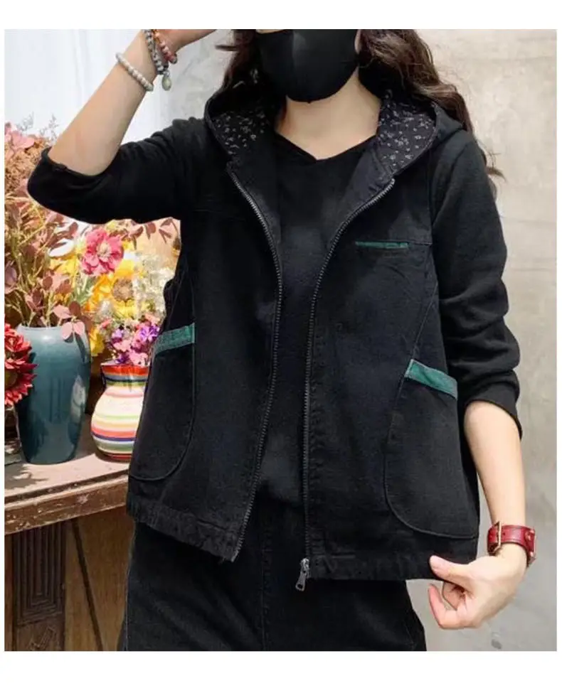 Vintage Women's Hooded Denim Tank Top Denim Waistcoat Short Jacket Loose Plus Size Large Pocket Color-block Wash Cropped Vest