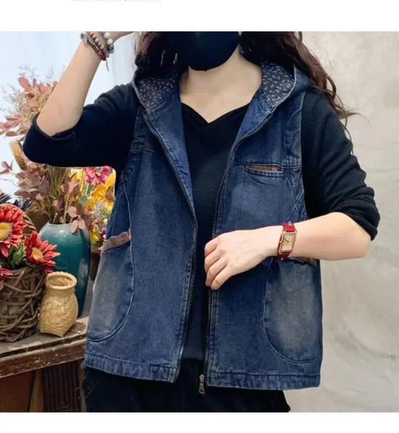 Vintage Women's Hooded Denim Tank Top Denim Waistcoat Short Jacket Loose Plus Size Large Pocket Color-block Wash Cropped Vest