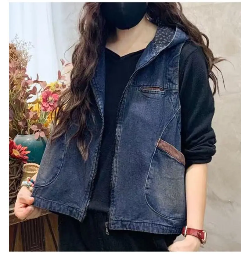 Vintage Women's Hooded Denim Tank Top Denim Waistcoat Short Jacket Loose Plus Size Large Pocket Color-block Wash Cropped Vest