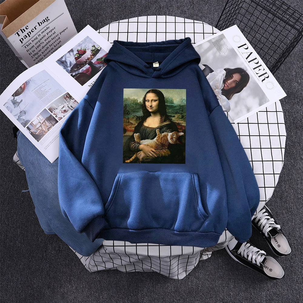 Hoodie Mona Lisa And Cat Hoodies For Women Harajuku Aesthetic Fall Womens Clothing Oversized Oversized Sweatshirt Female
