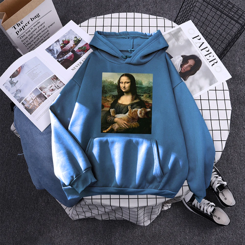 Hoodie Mona Lisa And Cat Hoodies For Women Harajuku Aesthetic Fall Womens Clothing Oversized Oversized Sweatshirt Female