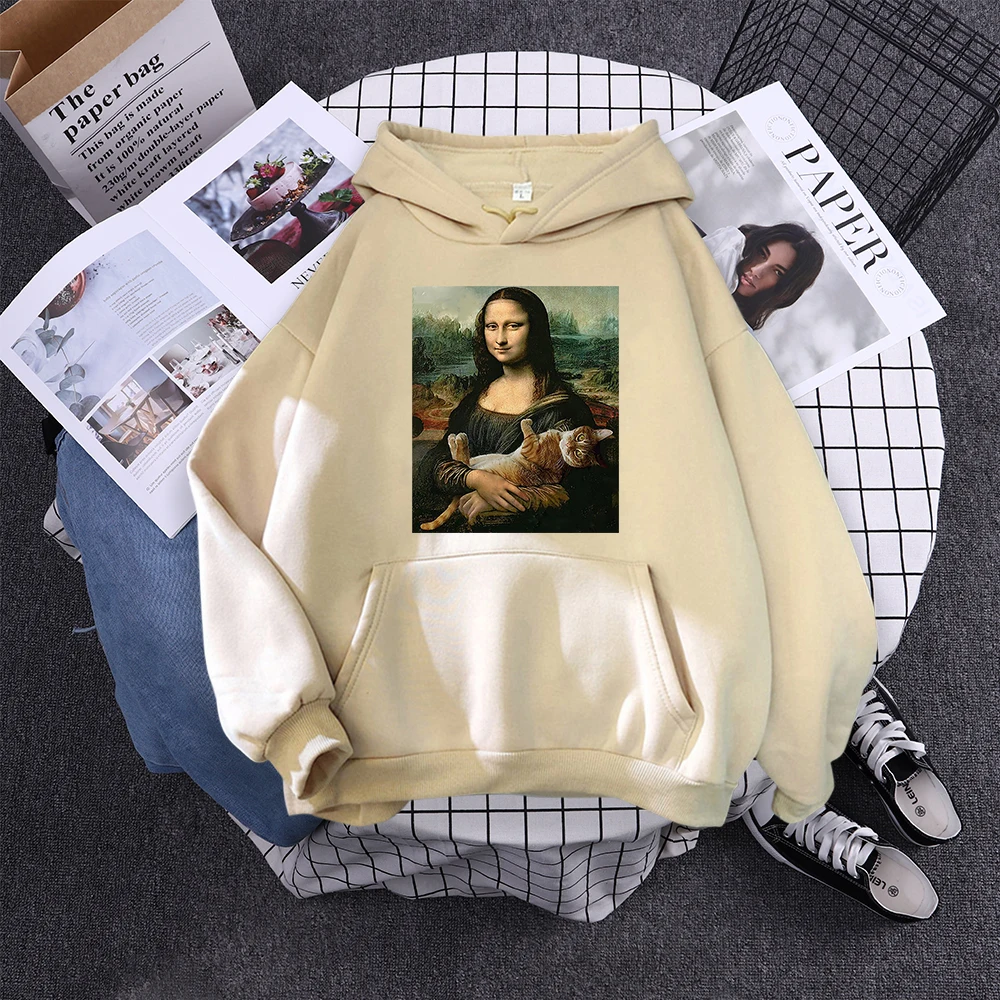 Hoodie Mona Lisa And Cat Hoodies For Women Harajuku Aesthetic Fall Womens Clothing Oversized Oversized Sweatshirt Female