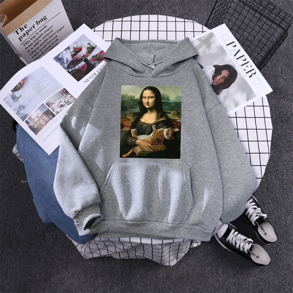 Hoodie Mona Lisa And Cat Hoodies For Women Harajuku Aesthetic Fall Womens Clothing Oversized Oversized Sweatshirt Female
