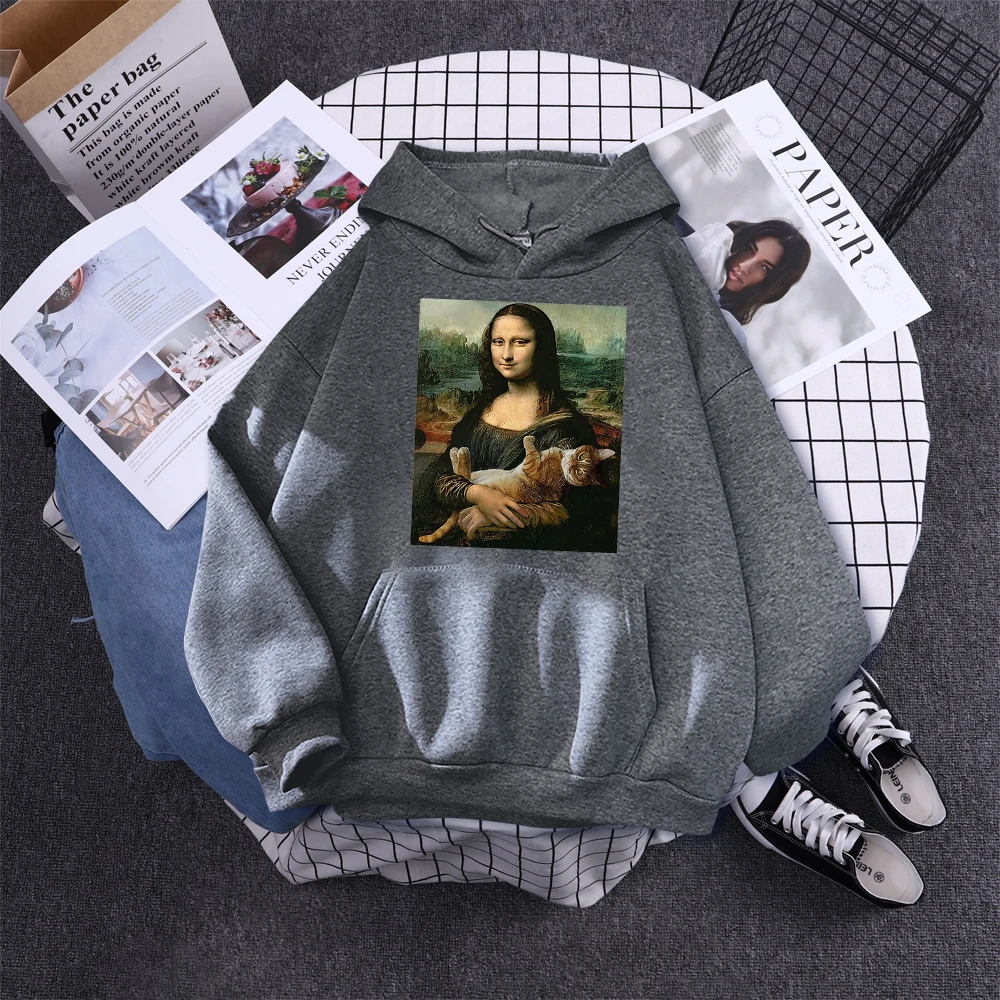 Hoodie Mona Lisa And Cat Hoodies For Women Harajuku Aesthetic Fall Womens Clothing Oversized Oversized Sweatshirt Female