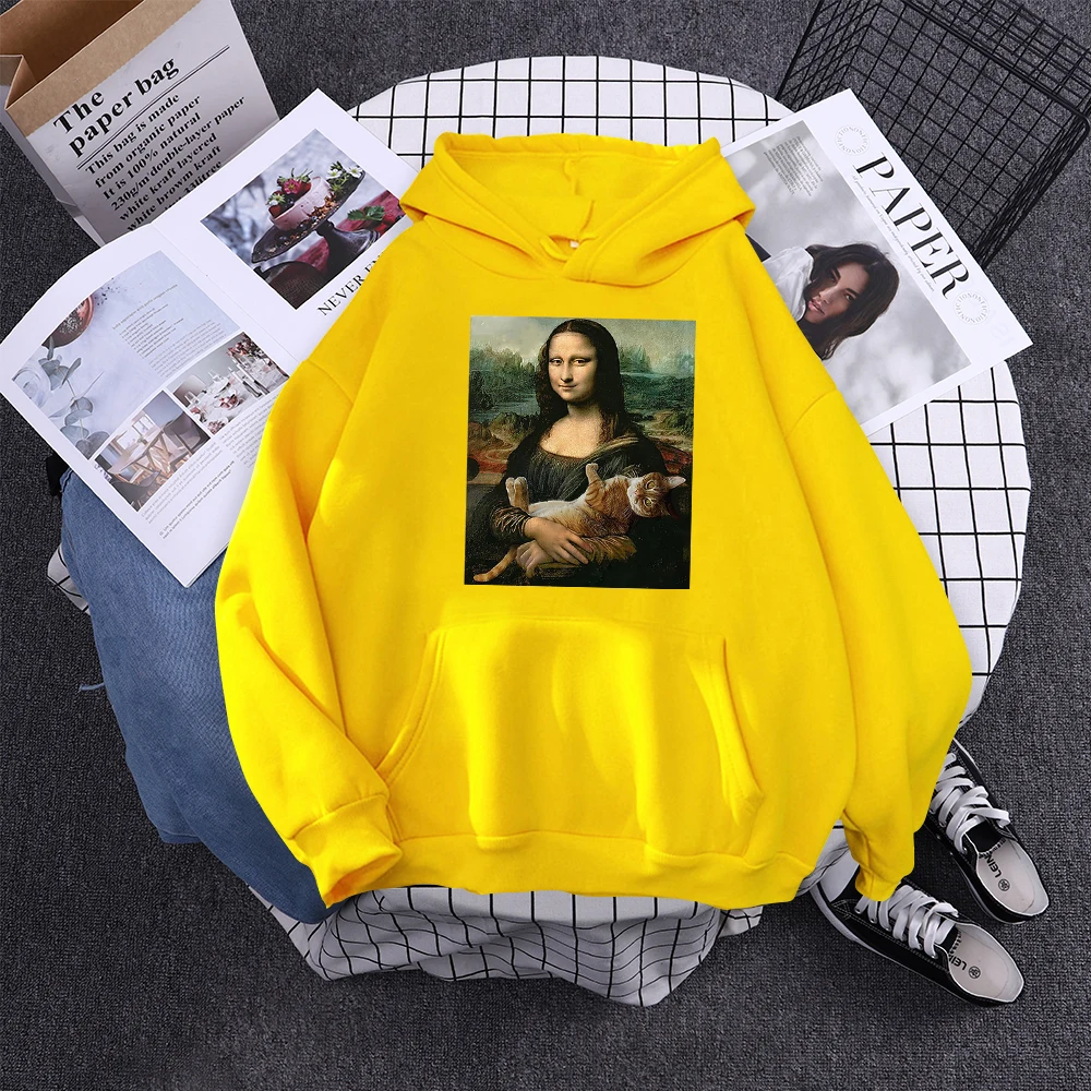 Hoodie Mona Lisa And Cat Hoodies For Women Harajuku Aesthetic Fall Womens Clothing Oversized Oversized Sweatshirt Female