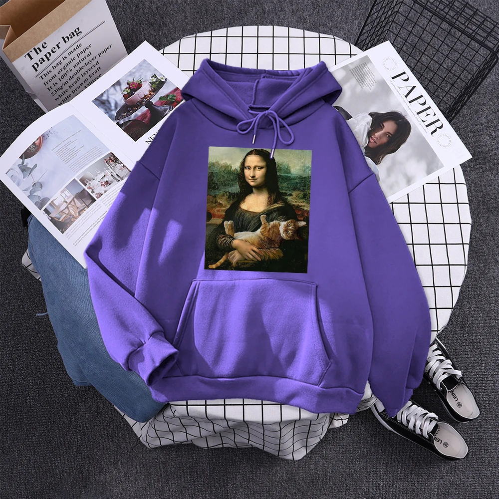Hoodie Mona Lisa And Cat Hoodies For Women Harajuku Aesthetic Fall Womens Clothing Oversized Oversized Sweatshirt Female