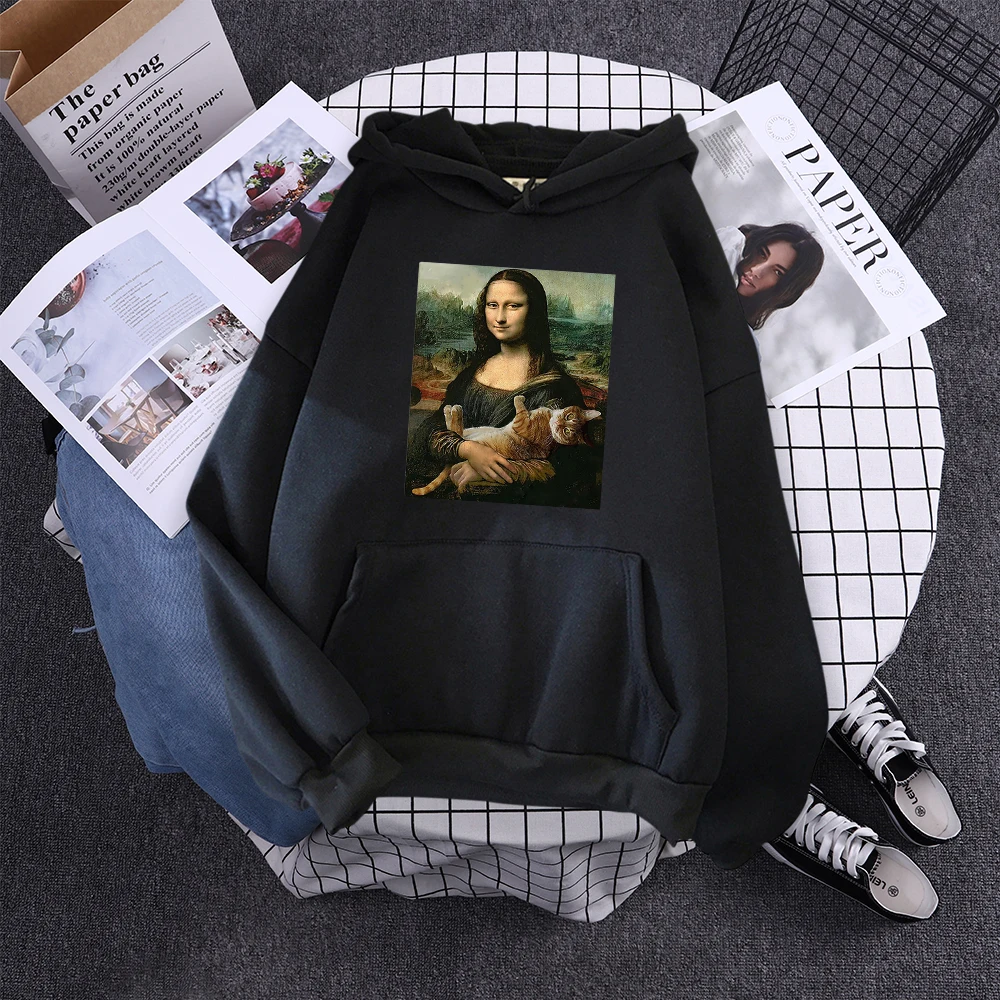Hoodie Mona Lisa And Cat Hoodies For Women Harajuku Aesthetic Fall Womens Clothing Oversized Oversized Sweatshirt Female
