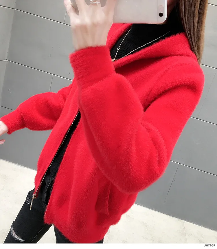 UHYTGF Imitation Mink Autumn Winter Sweaters Jacket Women Fashion Hooded Knitted Cardigan Female Loose Short Big Size Coat 1192