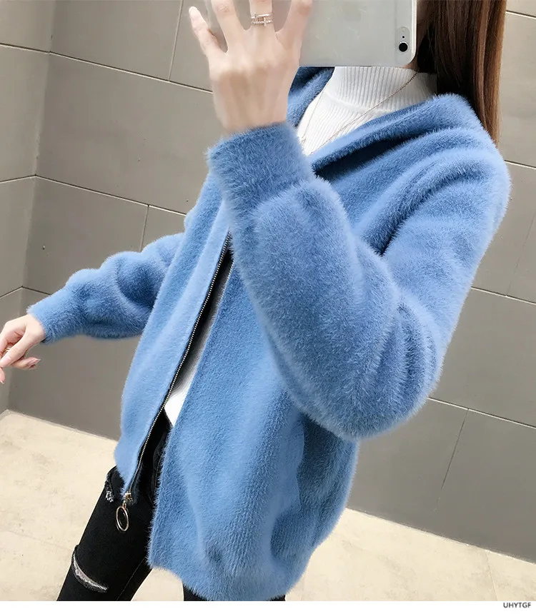 UHYTGF Imitation Mink Autumn Winter Sweaters Jacket Women Fashion Hooded Knitted Cardigan Female Loose Short Big Size Coat 1192
