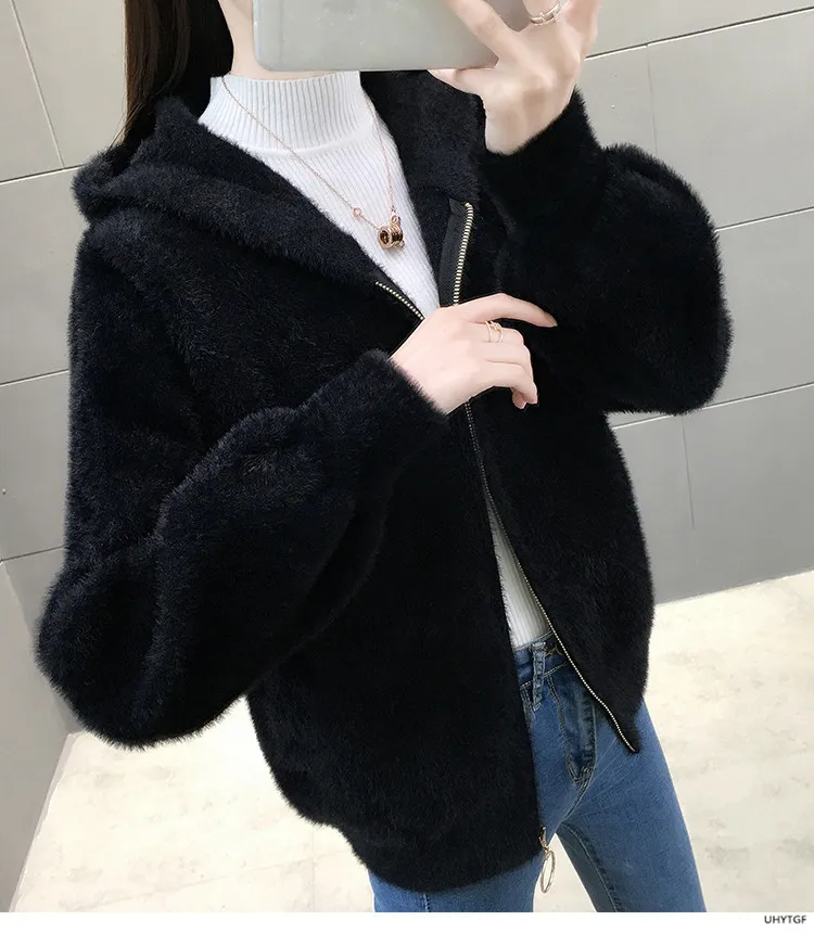 UHYTGF Imitation Mink Autumn Winter Sweaters Jacket Women Fashion Hooded Knitted Cardigan Female Loose Short Big Size Coat 1192