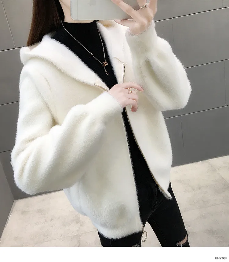 UHYTGF Imitation Mink Autumn Winter Sweaters Jacket Women Fashion Hooded Knitted Cardigan Female Loose Short Big Size Coat 1192