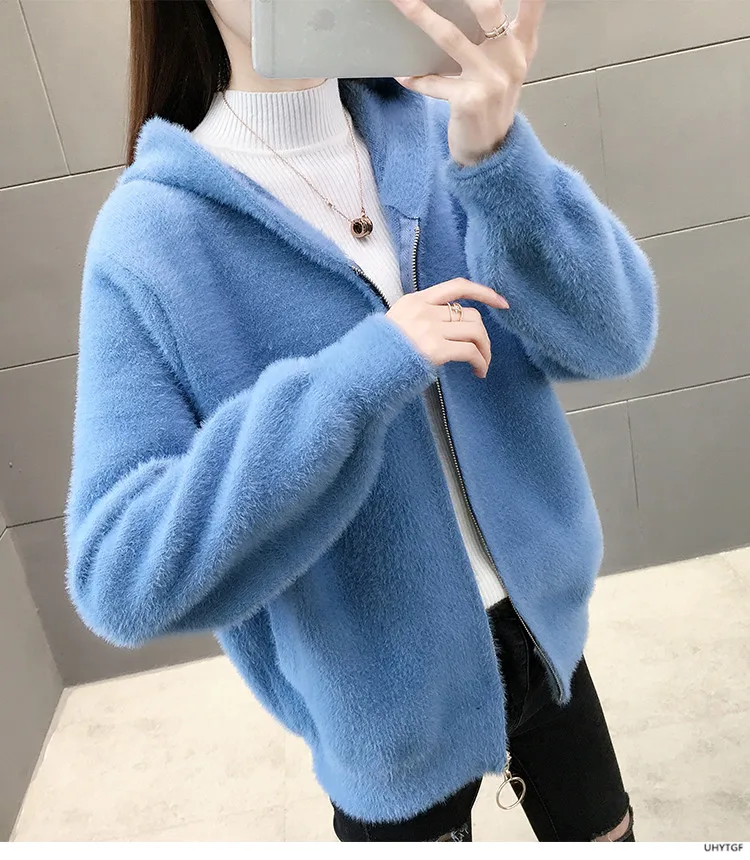 UHYTGF Imitation Mink Autumn Winter Sweaters Jacket Women Fashion Hooded Knitted Cardigan Female Loose Short Big Size Coat 1192