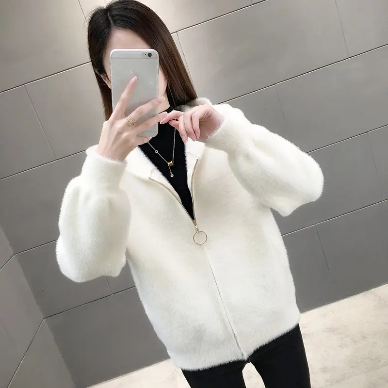 UHYTGF Imitation Mink Autumn Winter Sweaters Jacket Women Fashion Hooded Knitted Cardigan Female Loose Short Big Size Coat 1192