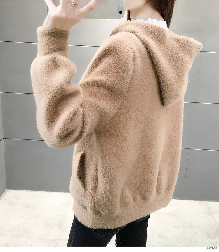UHYTGF Imitation Mink Autumn Winter Sweaters Jacket Women Fashion Hooded Knitted Cardigan Female Loose Short Big Size Coat 1192