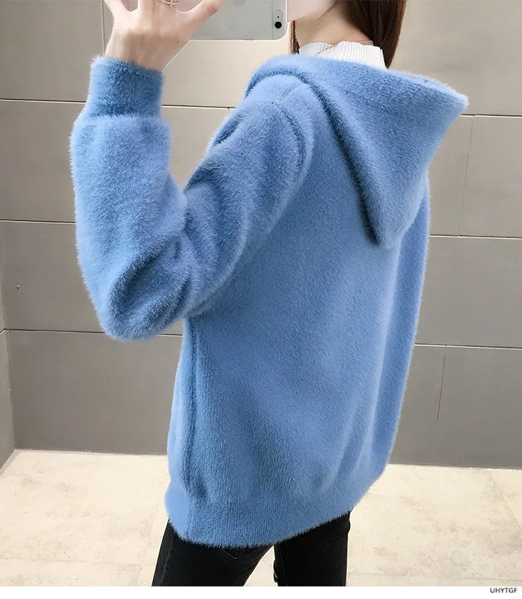 UHYTGF Imitation Mink Autumn Winter Sweaters Jacket Women Fashion Hooded Knitted Cardigan Female Loose Short Big Size Coat 1192