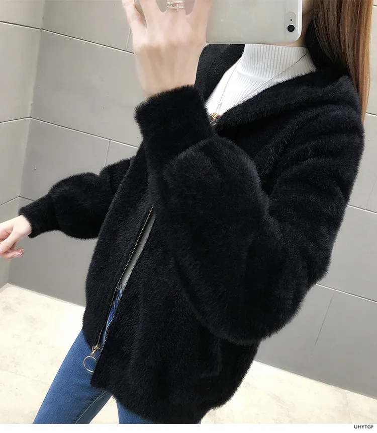 UHYTGF Imitation Mink Autumn Winter Sweaters Jacket Women Fashion Hooded Knitted Cardigan Female Loose Short Big Size Coat 1192