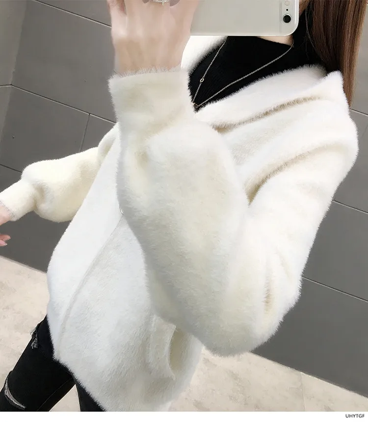 UHYTGF Imitation Mink Autumn Winter Sweaters Jacket Women Fashion Hooded Knitted Cardigan Female Loose Short Big Size Coat 1192
