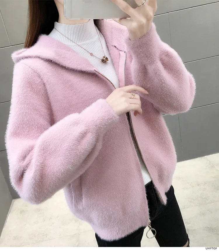 UHYTGF Imitation Mink Autumn Winter Sweaters Jacket Women Fashion Hooded Knitted Cardigan Female Loose Short Big Size Coat 1192