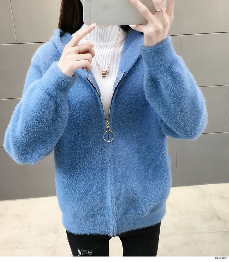 UHYTGF Imitation Mink Autumn Winter Sweaters Jacket Women Fashion Hooded Knitted Cardigan Female Loose Short Big Size Coat 1192