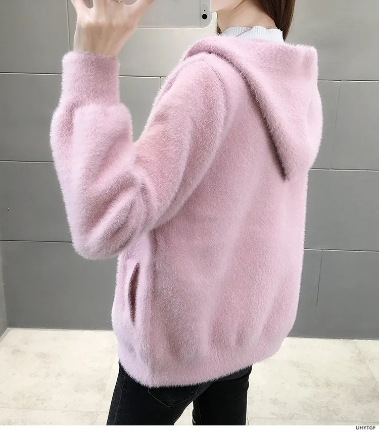 UHYTGF Imitation Mink Autumn Winter Sweaters Jacket Women Fashion Hooded Knitted Cardigan Female Loose Short Big Size Coat 1192
