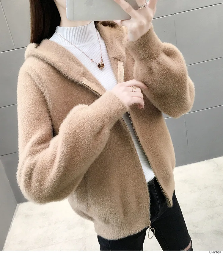 UHYTGF Imitation Mink Autumn Winter Sweaters Jacket Women Fashion Hooded Knitted Cardigan Female Loose Short Big Size Coat 1192