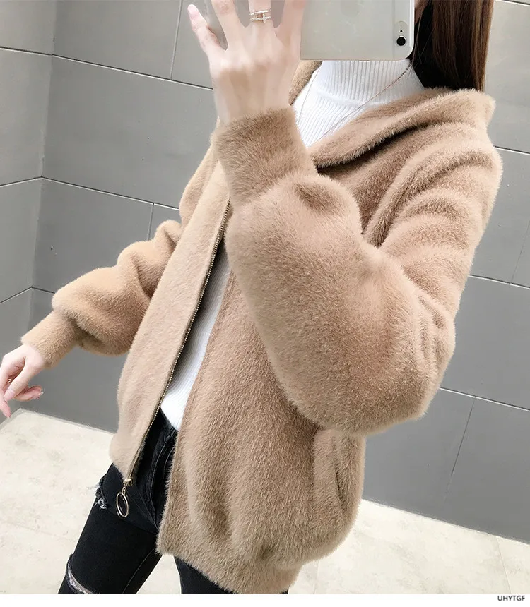 UHYTGF Imitation Mink Autumn Winter Sweaters Jacket Women Fashion Hooded Knitted Cardigan Female Loose Short Big Size Coat 1192
