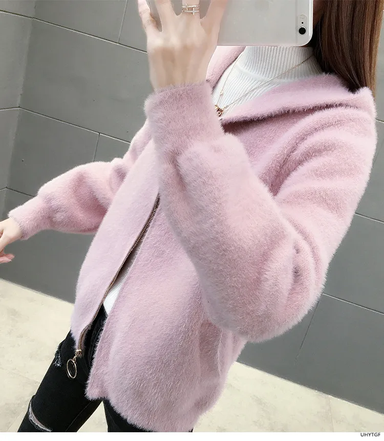 UHYTGF Imitation Mink Autumn Winter Sweaters Jacket Women Fashion Hooded Knitted Cardigan Female Loose Short Big Size Coat 1192