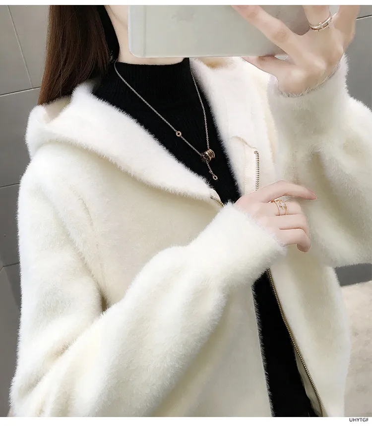 UHYTGF Imitation Mink Autumn Winter Sweaters Jacket Women Fashion Hooded Knitted Cardigan Female Loose Short Big Size Coat 1192