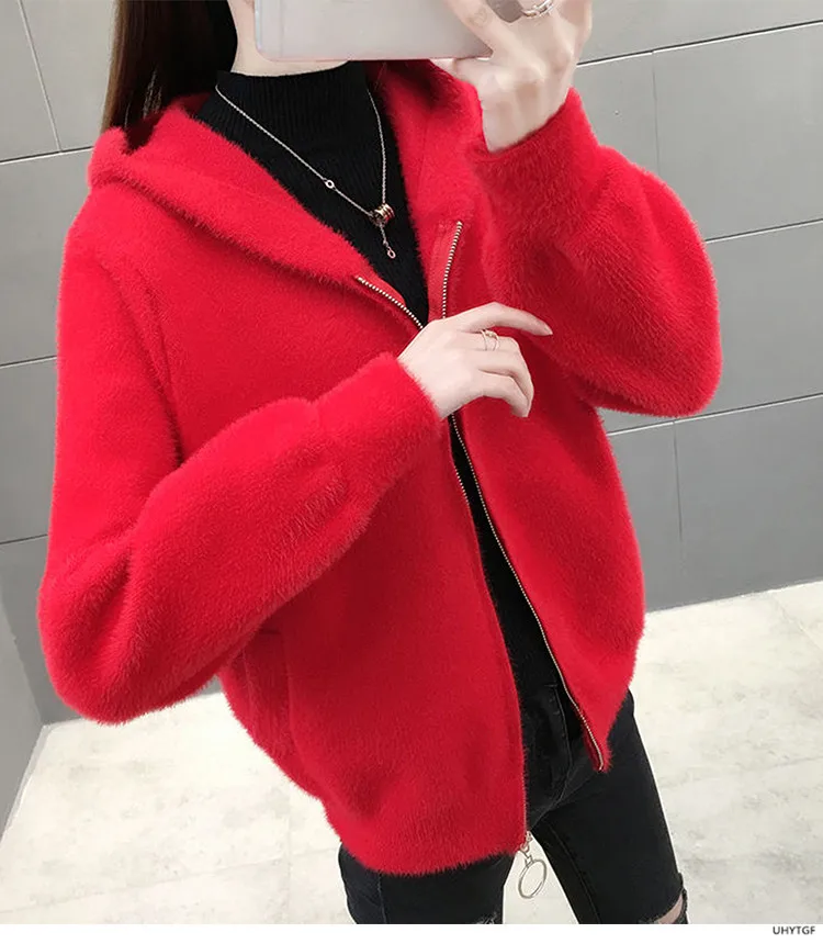 UHYTGF Imitation Mink Autumn Winter Sweaters Jacket Women Fashion Hooded Knitted Cardigan Female Loose Short Big Size Coat 1192
