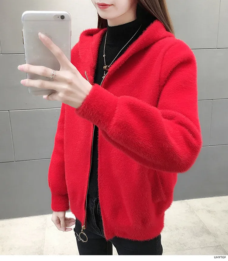UHYTGF Imitation Mink Autumn Winter Sweaters Jacket Women Fashion Hooded Knitted Cardigan Female Loose Short Big Size Coat 1192