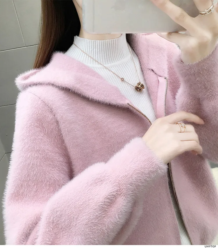 UHYTGF Imitation Mink Autumn Winter Sweaters Jacket Women Fashion Hooded Knitted Cardigan Female Loose Short Big Size Coat 1192