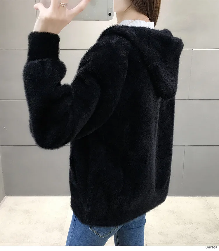 UHYTGF Imitation Mink Autumn Winter Sweaters Jacket Women Fashion Hooded Knitted Cardigan Female Loose Short Big Size Coat 1192