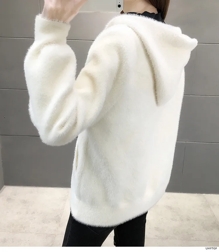 UHYTGF Imitation Mink Autumn Winter Sweaters Jacket Women Fashion Hooded Knitted Cardigan Female Loose Short Big Size Coat 1192