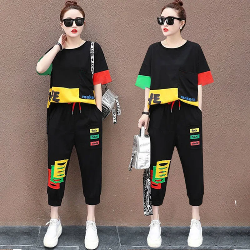 Amax luluE Summer Fashion Womens Contrast Color Leisure 2 Pieces Sets Girls Short Sleeve Tops And Drawstring Loose Harem Pants